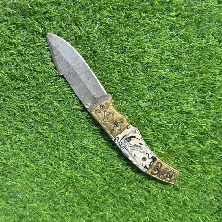 Damascus folding knife with premium leather sheath complete collector set