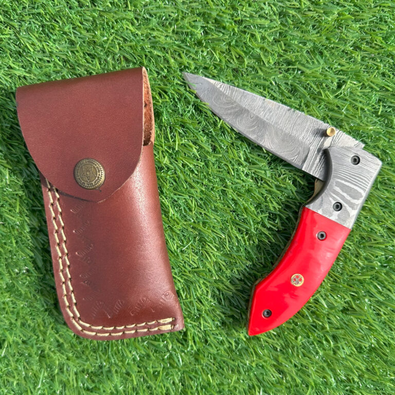 Complete Damascus knife set with handcrafted leather sheath and brass button