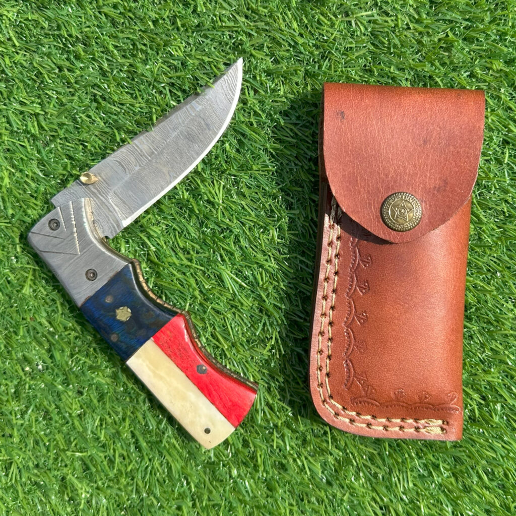 Complete Texas Damascus knife set with premium brown leather sheath