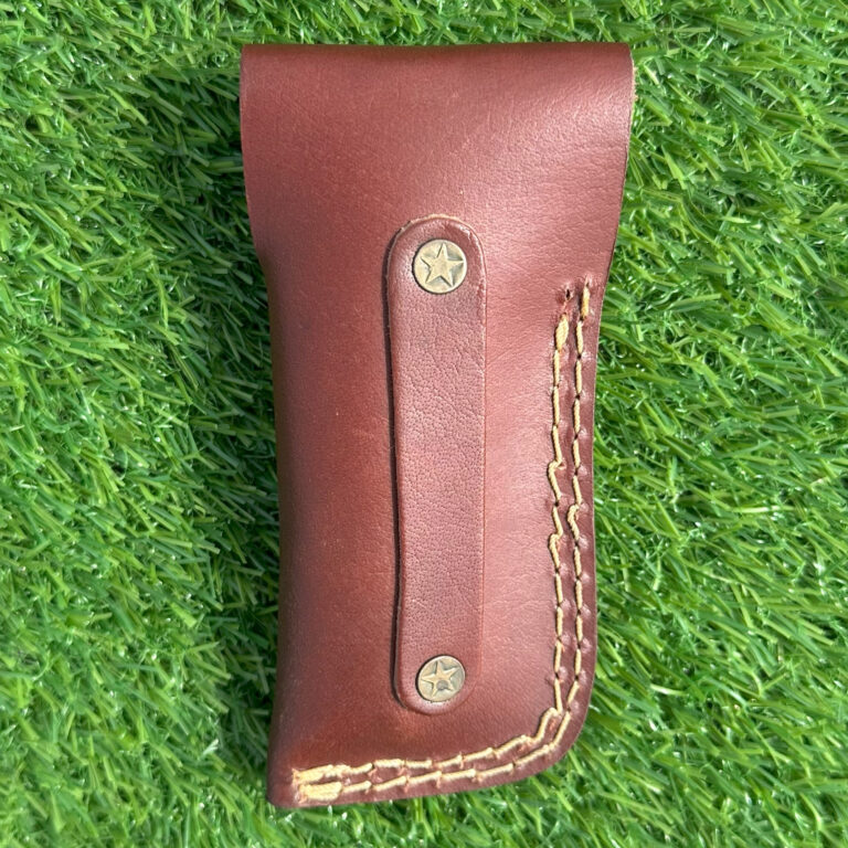 Red handle Damascus pocket knife premium brown leather sheath detailed stitching